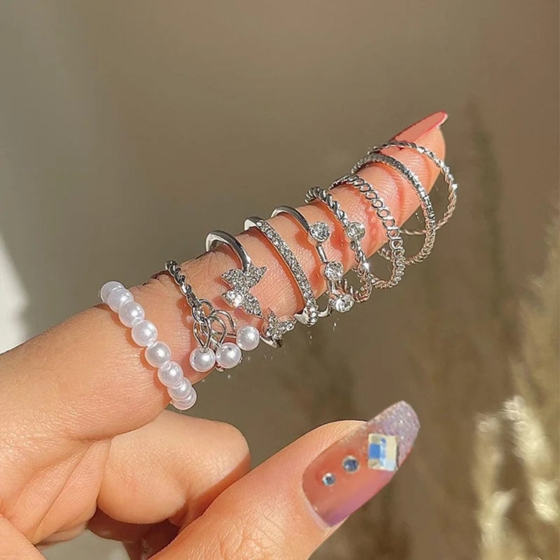 Bohemian Pearl Ring Set for Women - Vintage Gothic Rhinestone Jewelry Gift