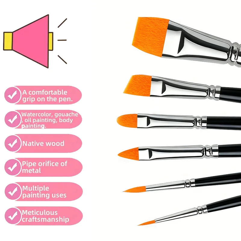 6 Pcs Professional Face Painting Brush Kit for Watercolor, Makeup, Nail Art & More