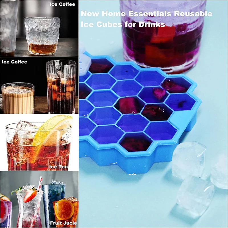 37 Grids Silicone Ice Cube Mold with Lids Honeycomb Shape Reusable Food-Grade BPA-Free