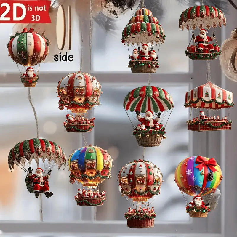 Set of 10 Santa Claus Parachute Wooden Hanging Ornaments Holiday Decorations