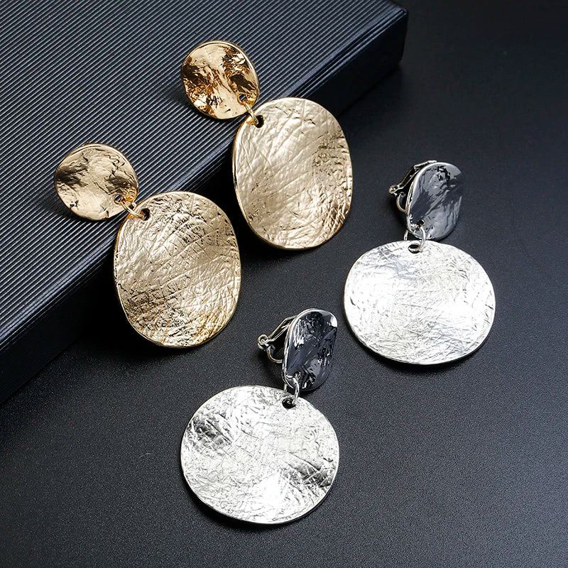 Vintage Metal Textured Round Disc Earrings - Geometric Statement Clip-Ons