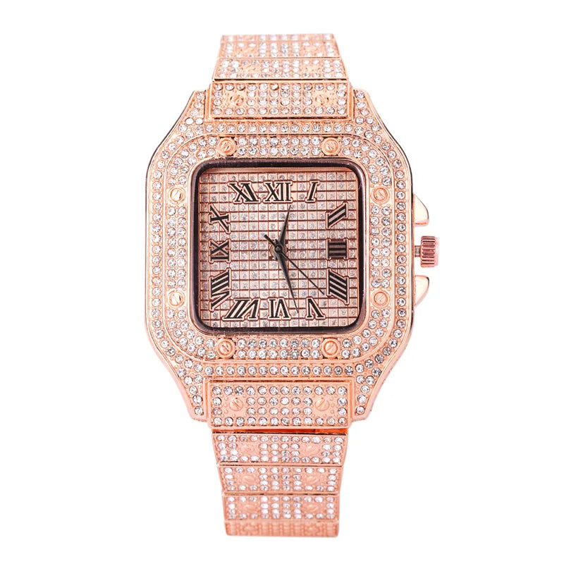 Luxury Diamond Square Quartz Watch for Men and Women with Stainless Steel Strap