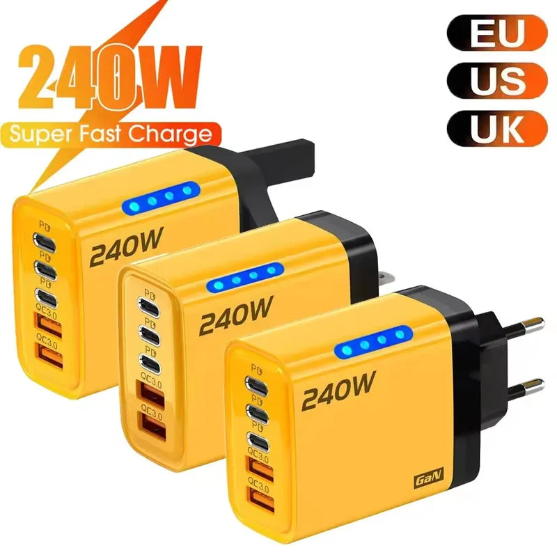 240W GaN Fast Charger Multi-Port USB-C Phone Adapter with LED Light