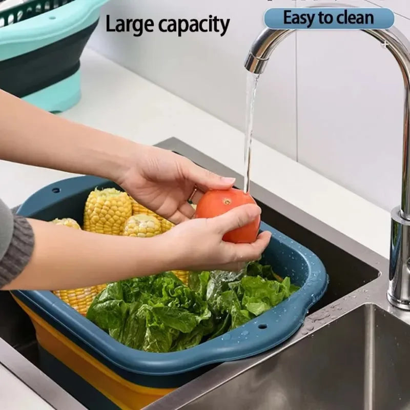 Foldable Silicone Dish Basin with Drainage Basket - Portable Collapsible Sink for Kitchen & Camping
