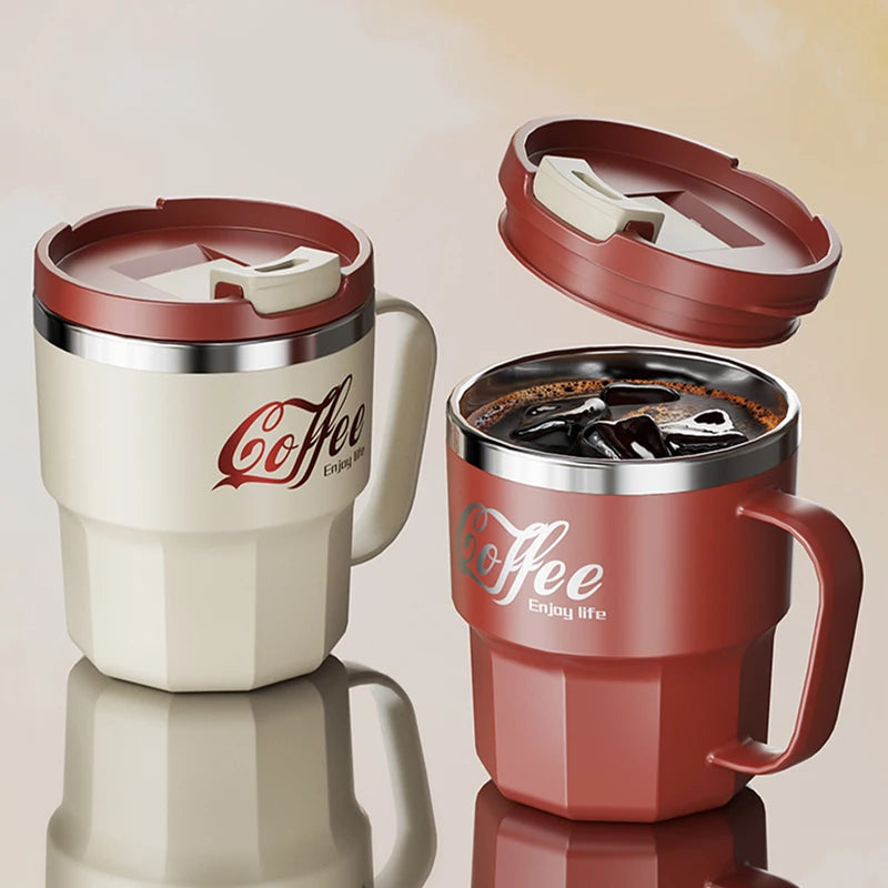 Stainless Steel Double Layer Coffee Mug with Lid & Handle - Reusable Drinkware