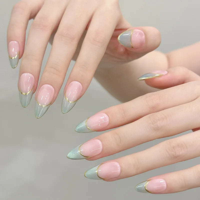 10PCS Handmade Press On Nails French Style with Glass Beads and Cat's Eye Effect