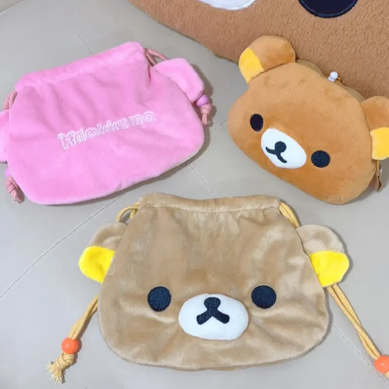 Cute Cartoon Bear Plush Drawstring Bag for Travel & Daily Use - Cosmetic & Storage Pouch