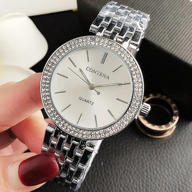 Luxury Women's Fashion Quartz Watch with Rhinestones and Stainless Steel Band