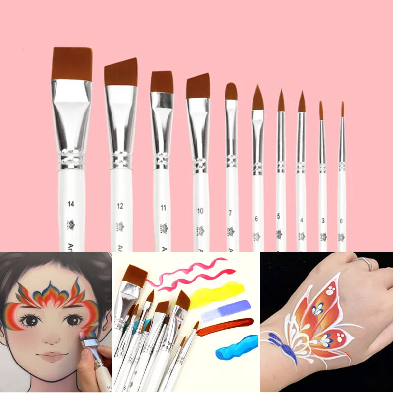 Professional Face Painting Brush Set - 10 Durable Makeup Art Tools with Nylon Bristles