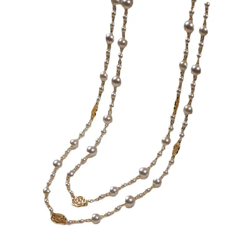Vintage Lady Camellia Pearl Flower Necklace Double Layer Elegant Jewelry for Women