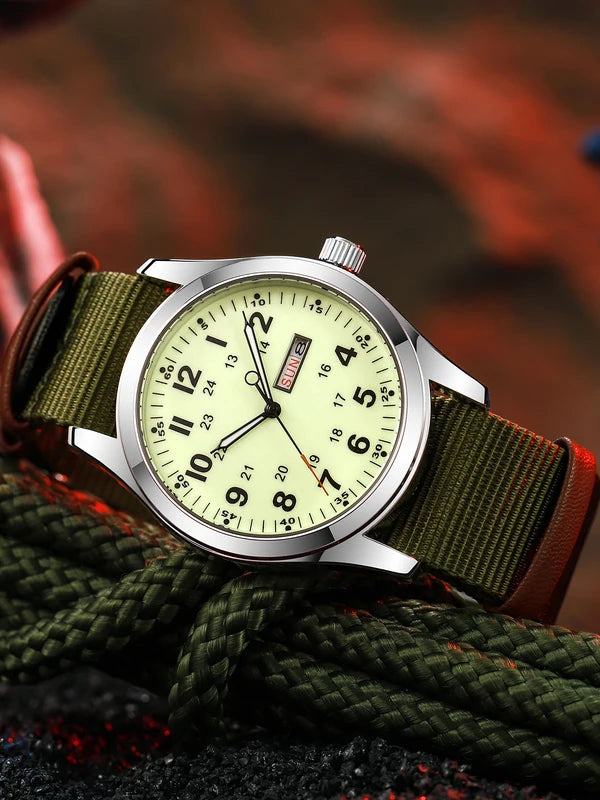 42mm Field Watch with Luminous Dial, Day Date, Water-Resistant Canvas Strap