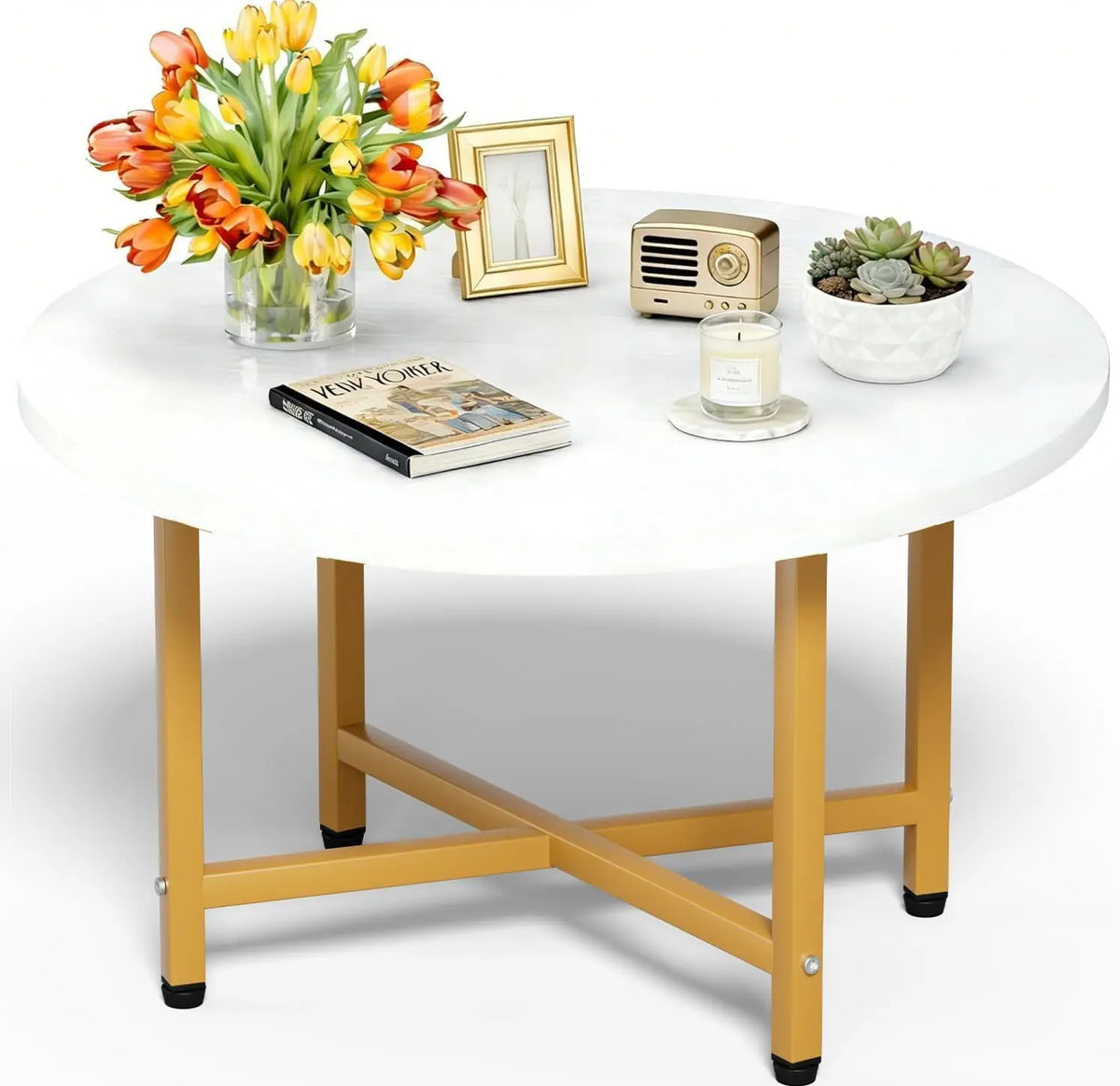 Round Coffee Table 23.6 Inch with Metal Frame for Living Room & Office