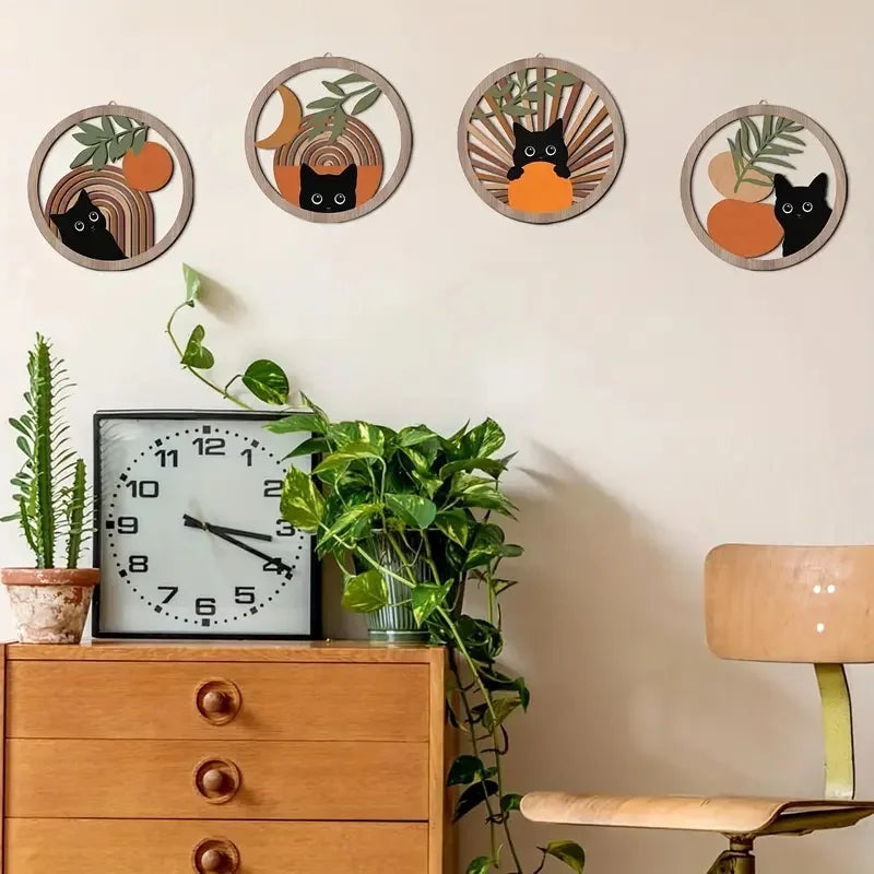 Bohemian Wall Art Decor Set - Hollowed-Out Wooden Sculptures for Living Room and Bedroom