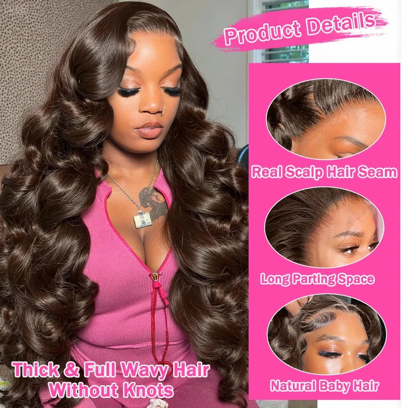 Transparent Chocolate Brown Body Wave Lace Front Wig 13x6 Human Hair 250% Density