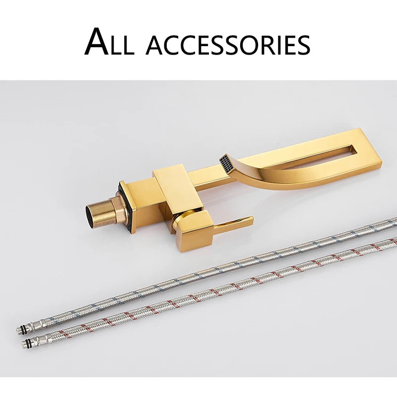 Bathroom Basin Faucet Brass Deck Mount Waterfall Mixer Tap - Hot & Cold Water