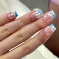 24pcs Handmade Short Square False Nails with Blue French Tips & White Flowers