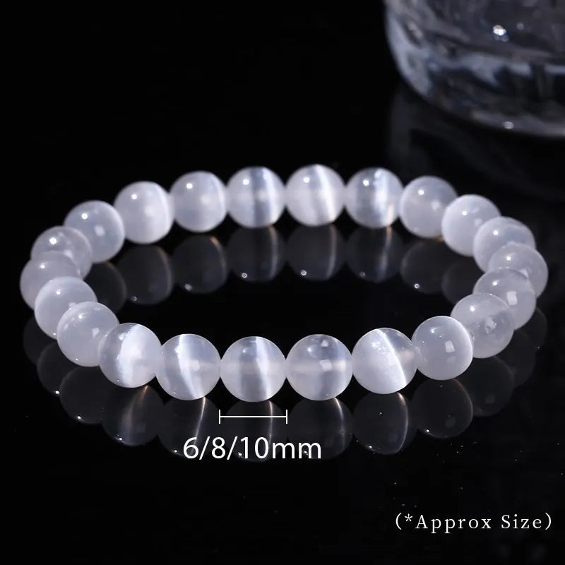 White Selenite Stone Bead Bracelet for Women Men Natural Gypsum Jewelry - Stretch Bangles