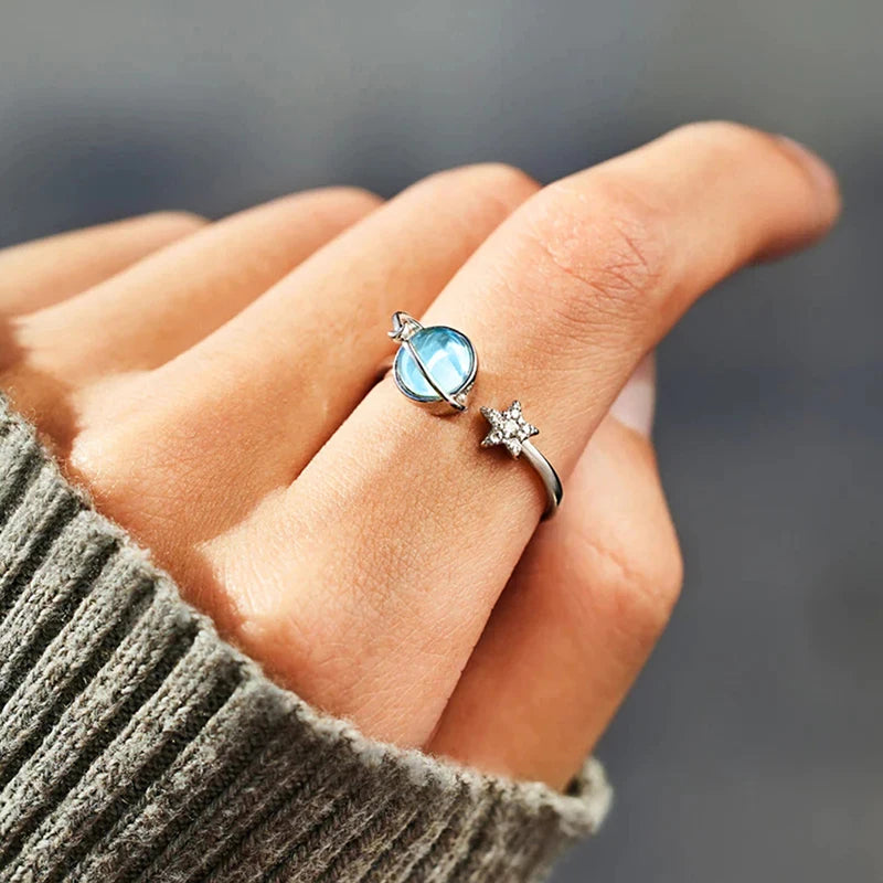 Blue Planet and Silver Star Ring for Women - Unique Open Design Jewelry Gift