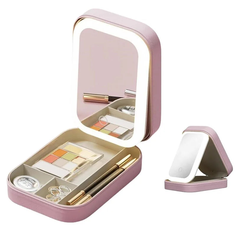 Travel Makeup Brush & Jewelry Storage Bag with LED Lighted Mirror