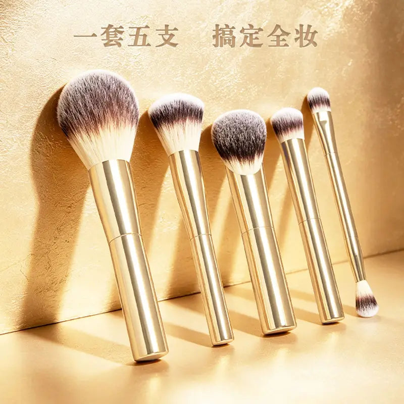 5pcs Makeup Brush Set with White Leather Bag - Powder, Blush, Concealer, Eyeshadow, Crease