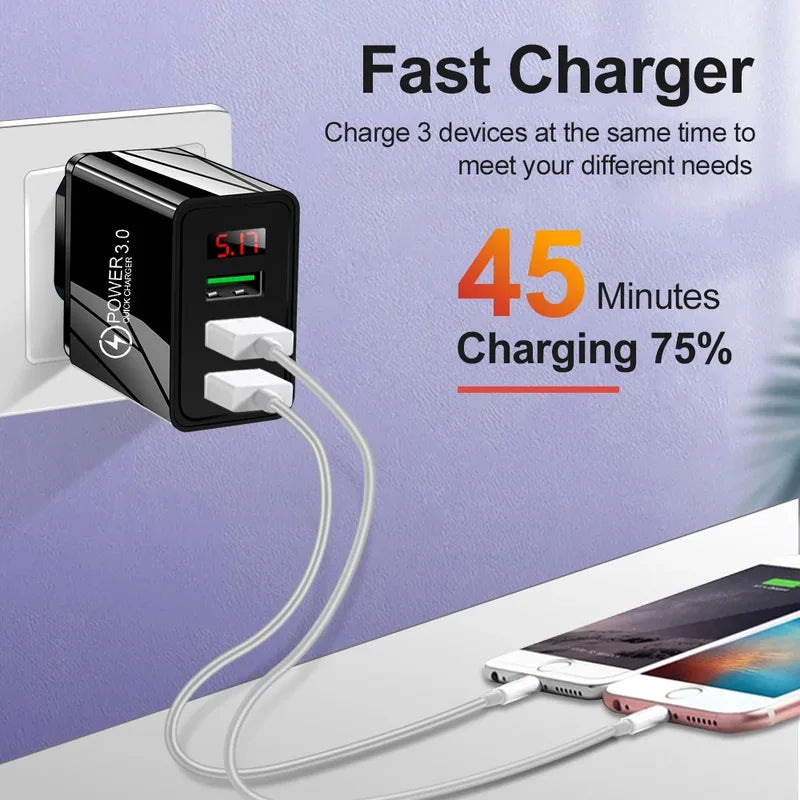 3-Port USB Fast Charger Wall Adapter with LED Display for Smartphones and Tablets