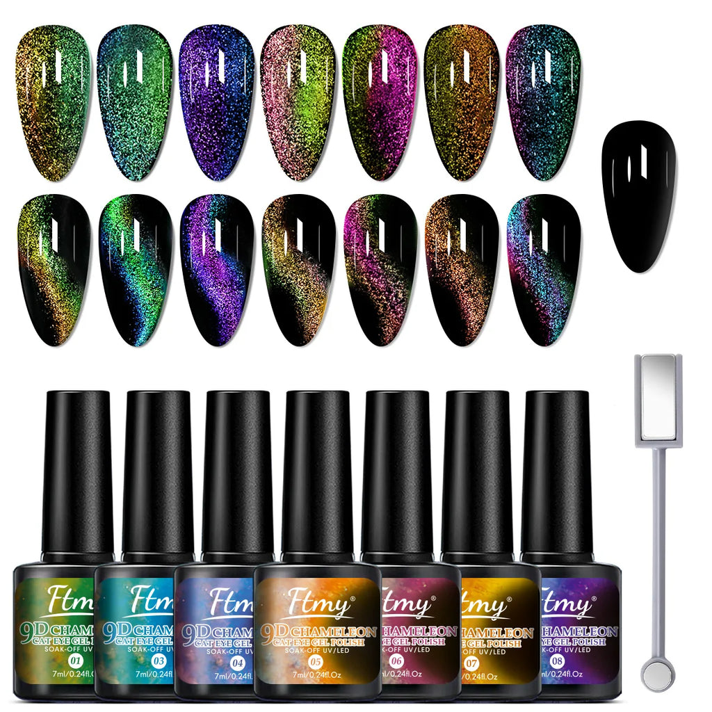 7 Colors Magnetic Gel Nail Polish Set with Cat Eye Effect, Long-Lasting UV LED Manicure Kit