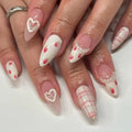 24Pcs Almond Press-On Nails Set with Heart & Strawberry Designs – Glossy Acrylic Fake Nails for Women & Girls