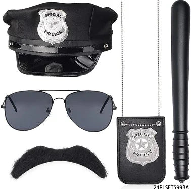 Halloween Police Costume Accessories Badge Necklace Beard Baton Set