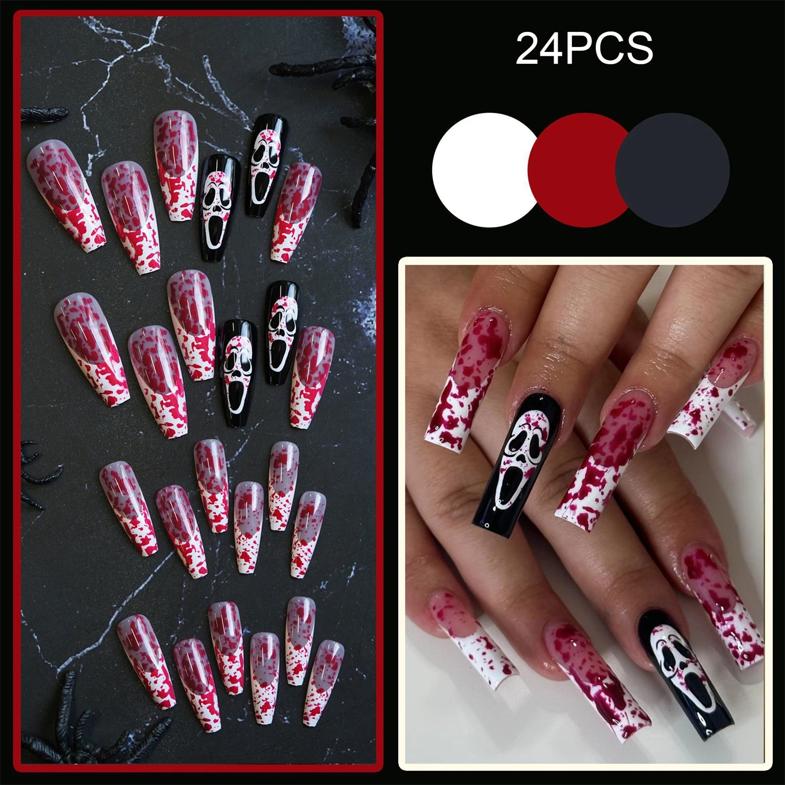 Blood Color Halloween Fake Nails Set - Long Coffin Style with Ghost Face Print