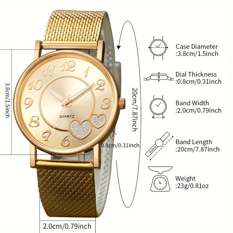 Fashion Women's Heart Watch Set with Jewelry - Plastic Band, Gold, 6 Pieces