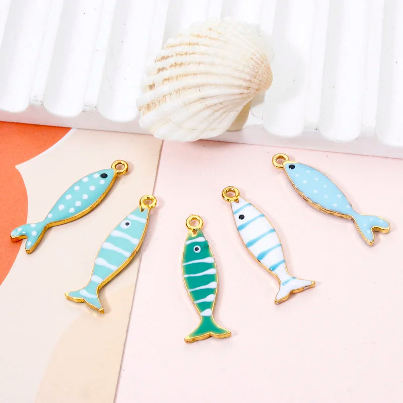5-Piece Zinc Alloy Double-Sided Enamel Fish Animal Charms Jewelry Pendants