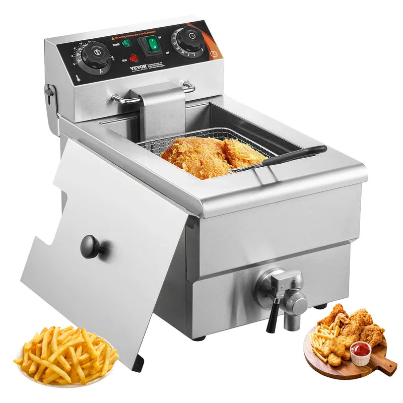 Commercial Electric Deep Fryer with Basket, Stainless Steel, Time & Temp Control