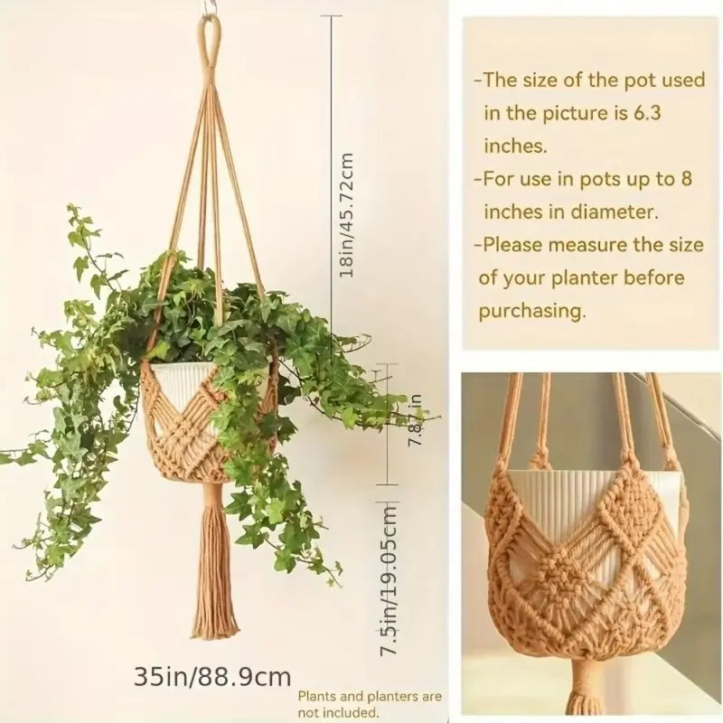 Boho Cotton Rope Plant Hanger with Net Pouch - Indoor Outdoor Hanging Basket