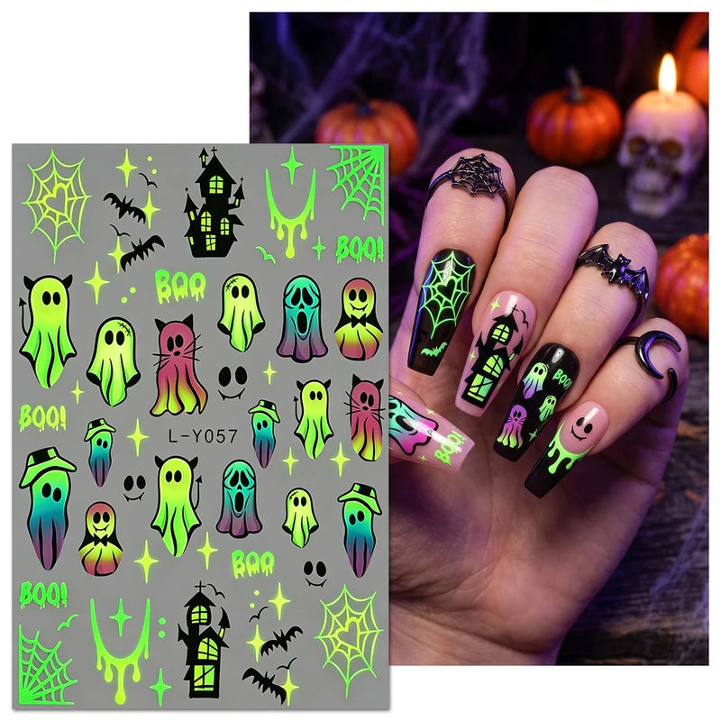4-Pack Halloween Night Light Nail Stickers Ghost Skull Pumpkin Fun Nail Art