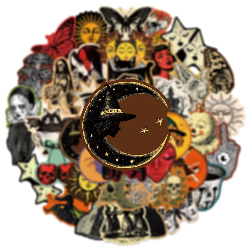 Retro Gothic Witch Moon Sticker Set - Spooky DIY Decals for Skateboard Motorcycle Suitcase Phone Laptop
