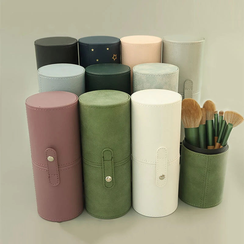 Portable PU Leather Makeup Brush Cylinder Travel Cosmetic Bag Waterproof Dust-Proof