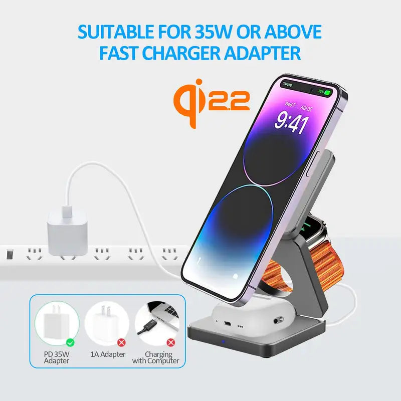 Foldable 3-in-1 Magnetic Wireless Charging Station for iPhone, AirPods & Smartwatch