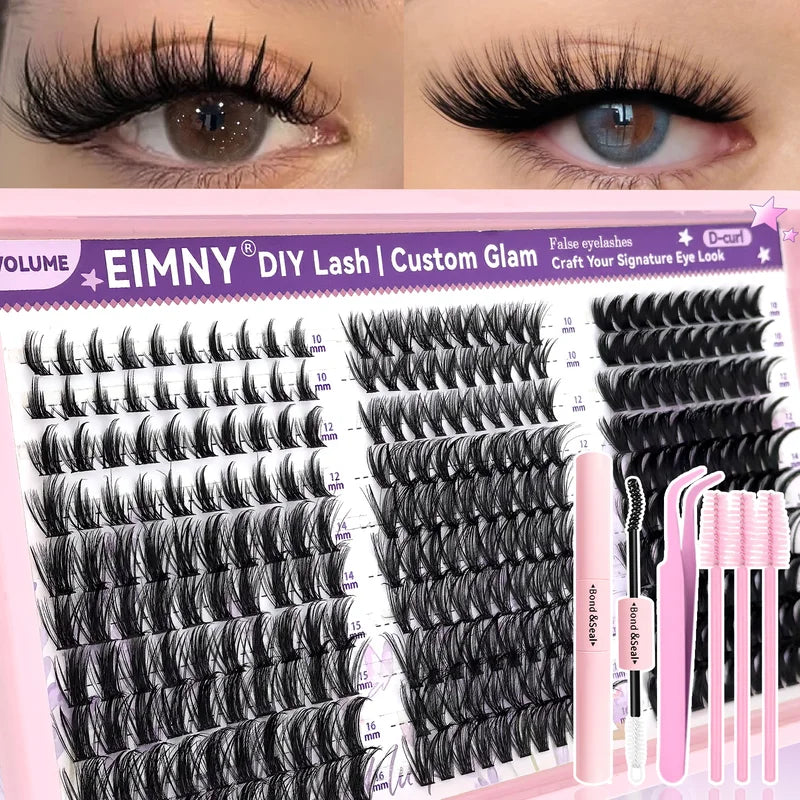 300Pcs Lash Clusters Kit with 3 Styles, Wispy Fairy Lashes, C Curl, 10-18mm, Bond & Seal - Black & Sky Blue