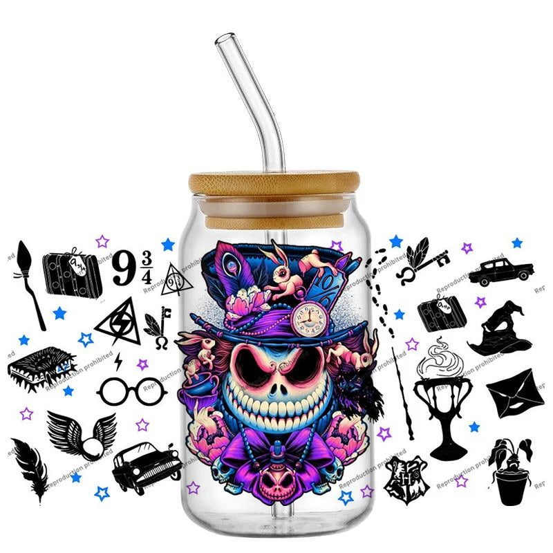Halloween UV DTF Transfer Sticker Set - Jack Skellington Sally 3D Glass Decals