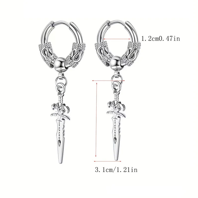 2PCS Stainless Steel Drop Hoop Earrings with Dragon Coil Sword Pendant - Punk Hip Hop Style for Men Women Daily Wear