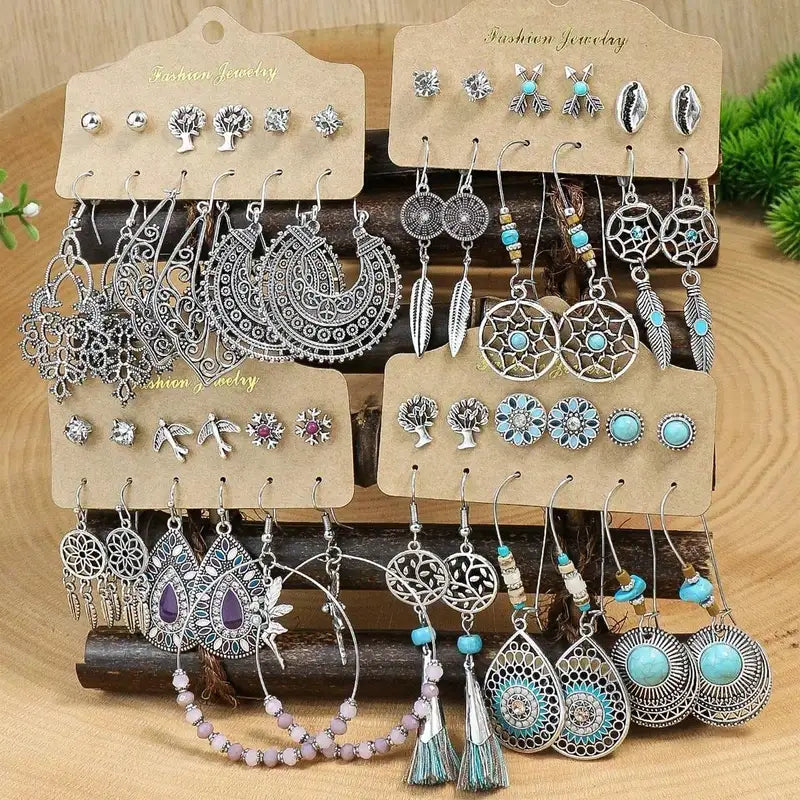 Boho Ethnic Pendant and Round Earrings Set for Women - Vintage Jewelry