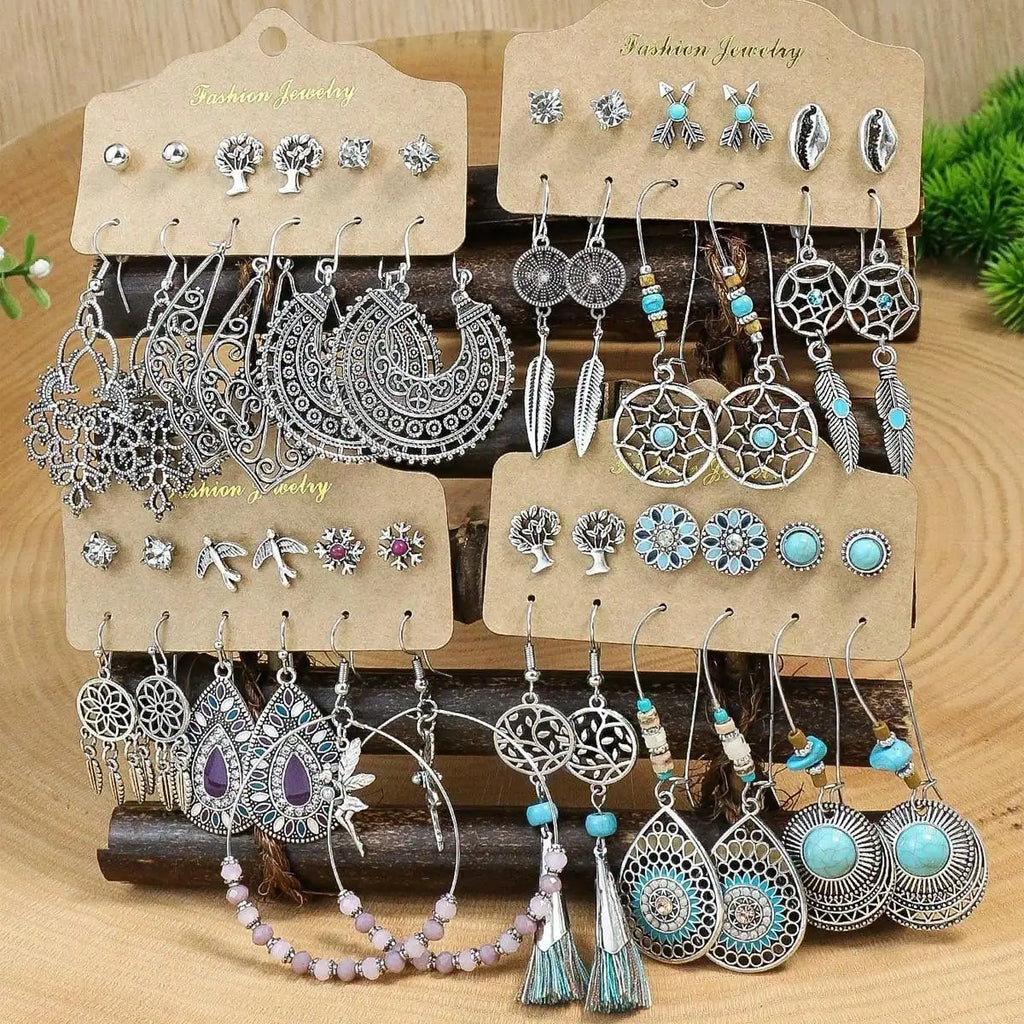 Boho Ethnic Pendant and Round Earrings Set for Women - Vintage Jewelry