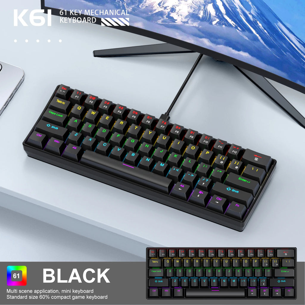 61-Key Mechanical Gaming Keyboard RGB Wired Mini Compact Black or White