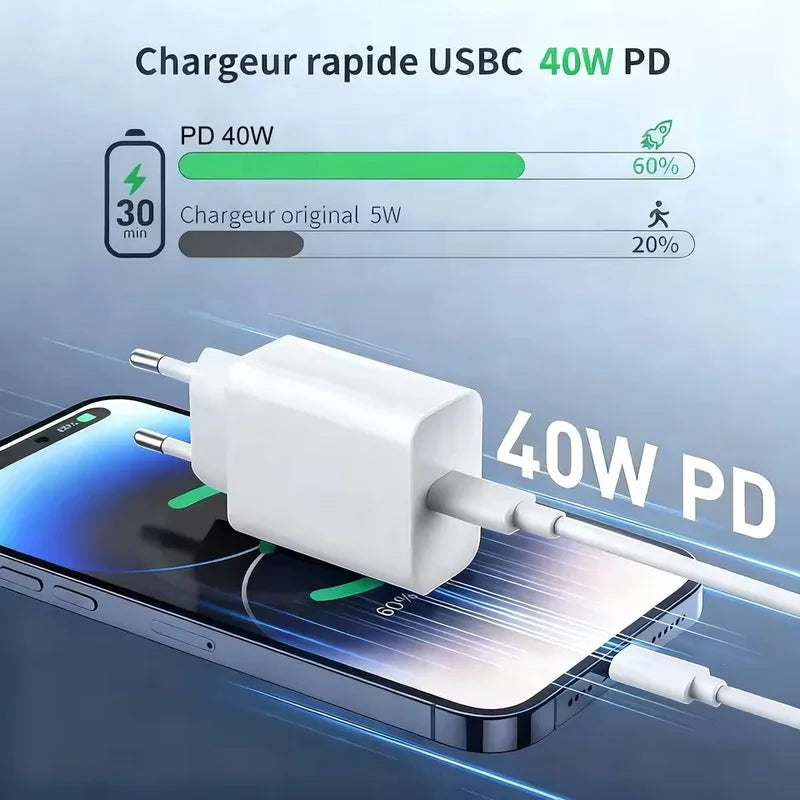 PD 40W USB C Fast Charger & Data Cable for iPhone 17 16 15 Pro Max Air Mini