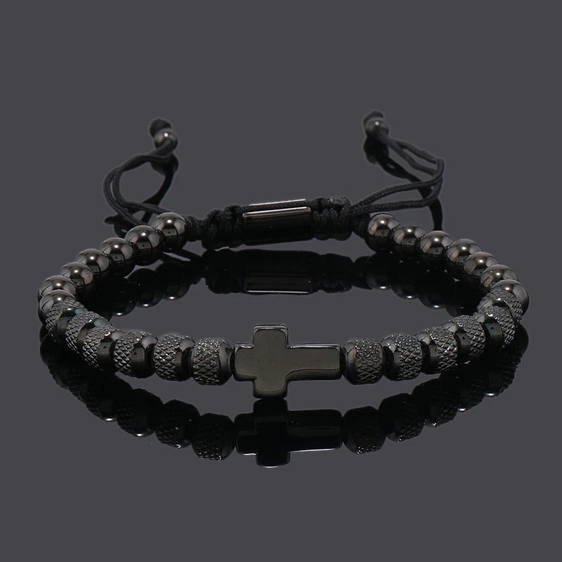 Unisex Stainless Steel Cross Charm Bracelet for Women Men Beaded Jewelry Gift