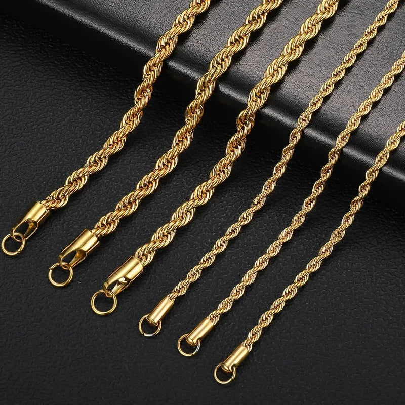 Gold Color Twisted Rope Chain Necklace Stainless Steel Waterproof Jewelry for Men Women