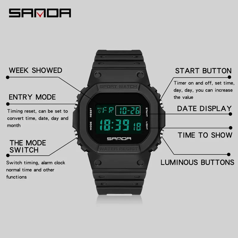 Children's Waterproof Digital Sport Watch with LED Display and Luminous Features