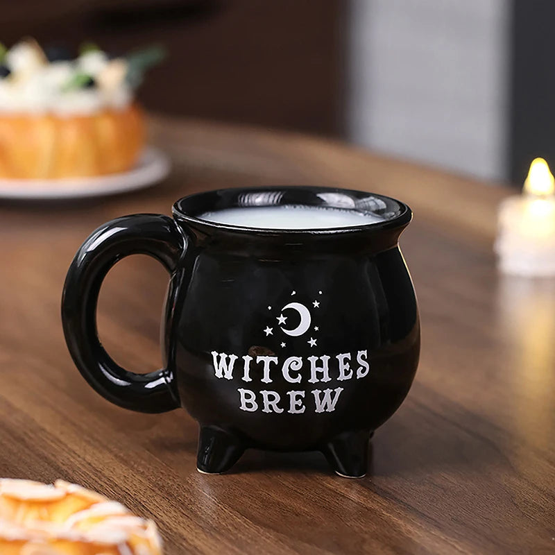 Halloween Witch Cauldron Coffee Mug Black Ceramic Drinkware - 340ml