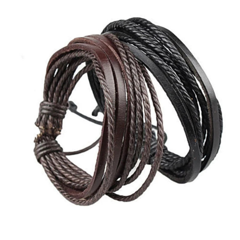 Men's Handmade Leather Wrist Bracelet Multilayer Lace Up Fashion Accessory