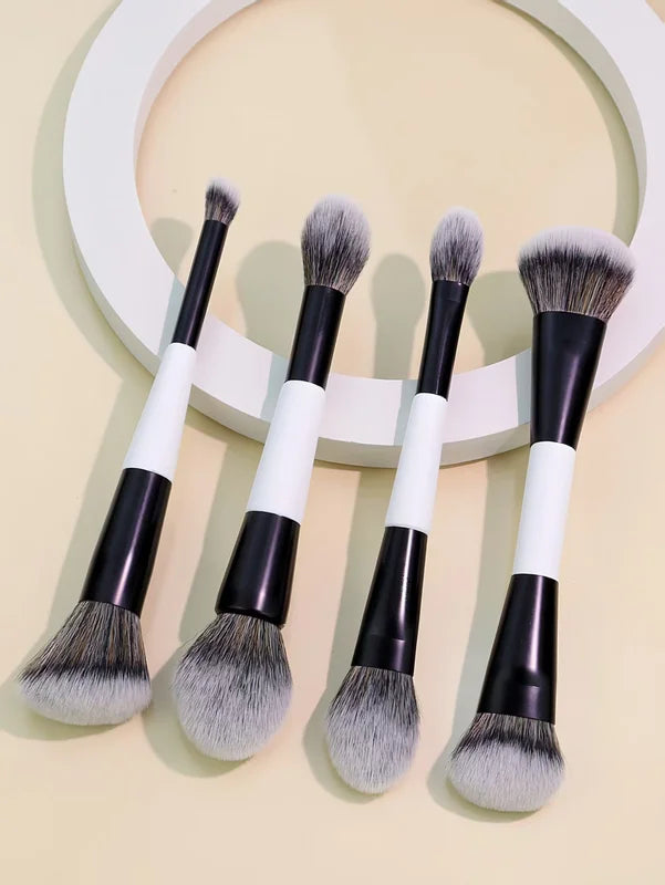 4-Piece Double-Ended Makeup Brush Set - Face, Blush, Foundation, Highlighter